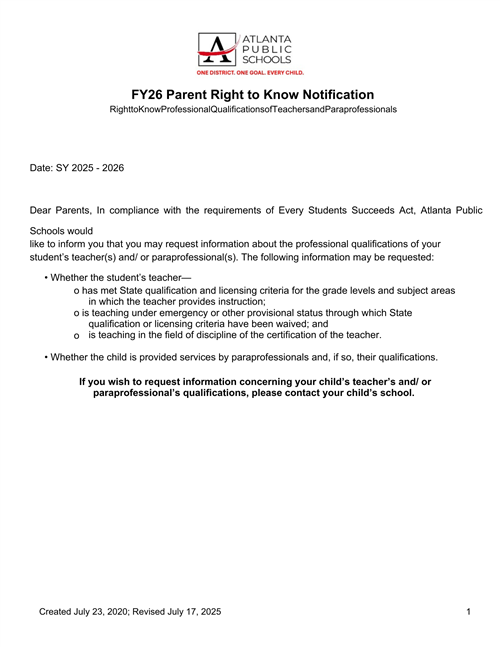 FY 26 Parent Right to Know Notification